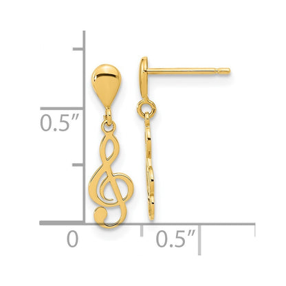 14k Yellow Gold Polished Treble Clef Dangle Earrings Gift for Women