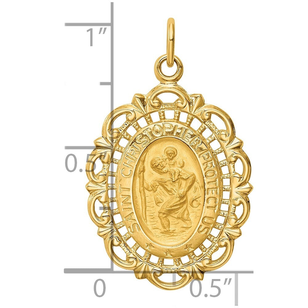 14k Yellow Gold Solid Satin Medium Pierced Oval St. Christopher Medal Pendant