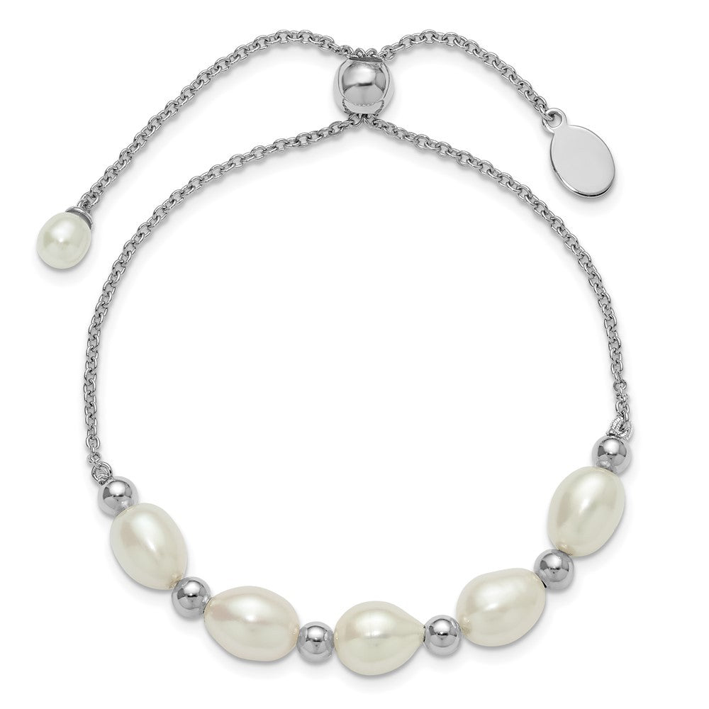 Sterling Silver Rhodium-plated Bead 7mm Cultured Pearl Adjustable Bolo Bracelet
