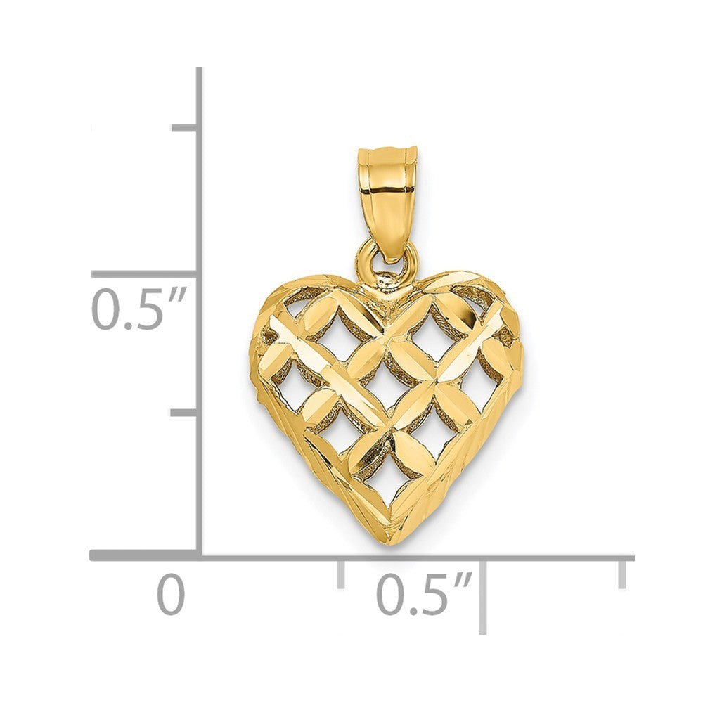 14k Yellow Gold 3-D Diamond-cut Lattice Filigree Puffed Heart Charm