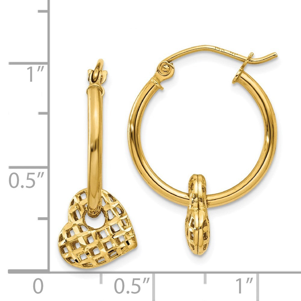 14k Yellow Gold Moveable Heart Hoop Earrings