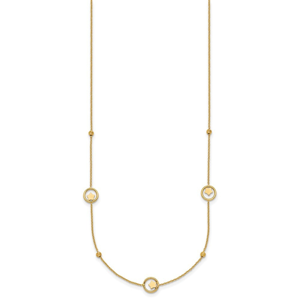 14k Yellow Gold Stars in Circle with Diamond-cut Beads 7-Station 16.75" Necklace