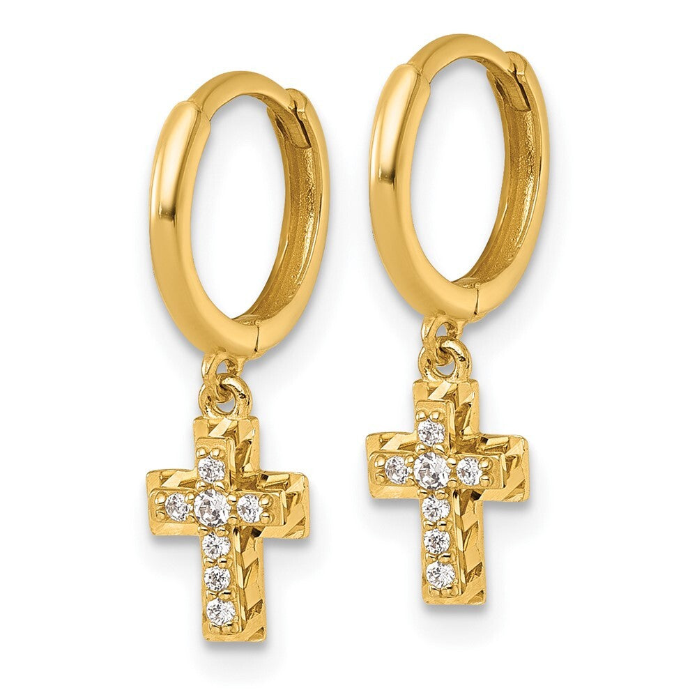 14k Yellow Gold Polish D/C & Cubic Zirconia Dangle Cross Hinged Hoop Earrings