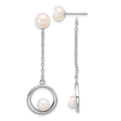 Sterling Silver 5-7mm White Button Cultured Pearl Post Dangle Earrings