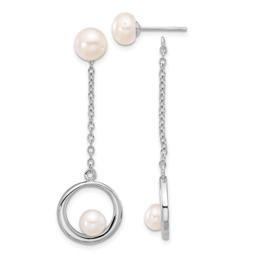 Sterling Silver 5-7mm White Button Cultured Pearl Post Dangle Earrings