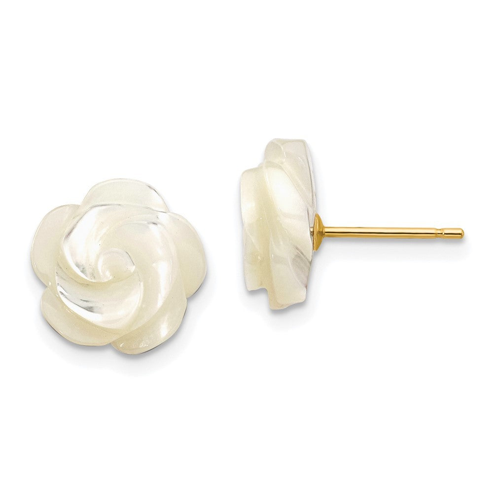 14k Yellow Gold 10mm White Mother of Pearl Flower Design Stud Earrings