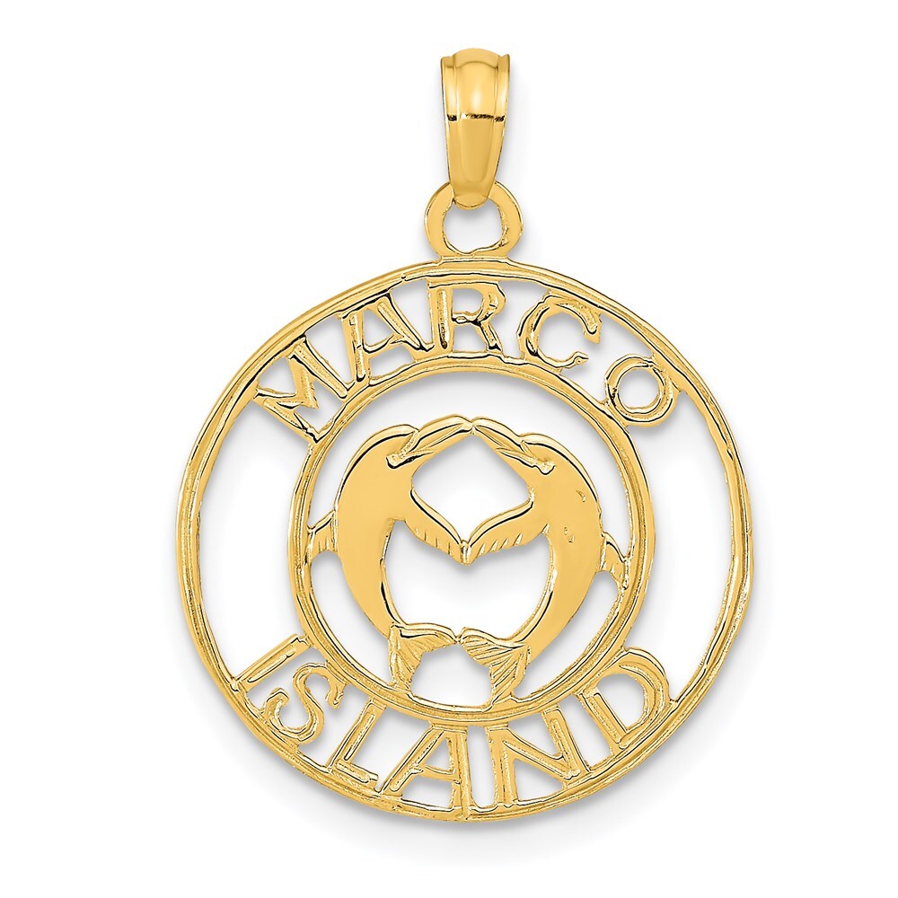 14k Yellow Gold MARCO ISLAND with Dolphins Circle Pendant for Women