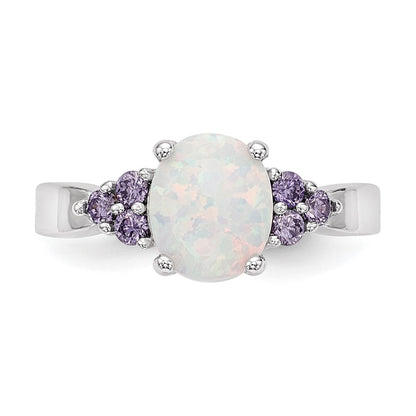 Sterling Silver Oval Created Opal w/Purple Cubic Zirconia Ring SZ 7