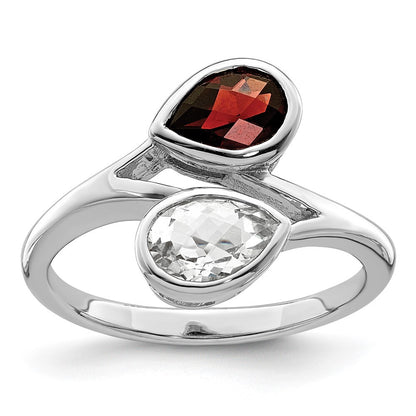 Sterling Silver Rhodium-plated Polished Garnet & White Topaz ByPass Ring Size 8