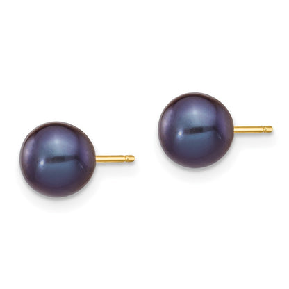14k Yellow Gold 6-7mm Black Round Freshwater Cultured Pearl Stud Earrings
