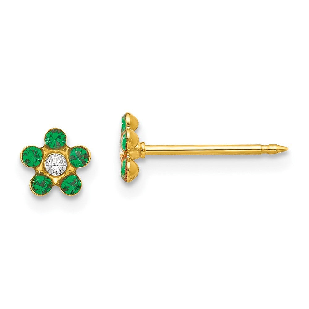 14k Yellow Gold May Green Crystal Birthstone Flower Earrings