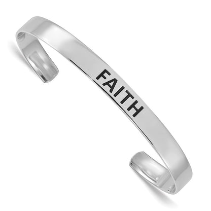 Sterling Silver Rhodium-plated Polished Enameled FAITH Cuff Bangle
