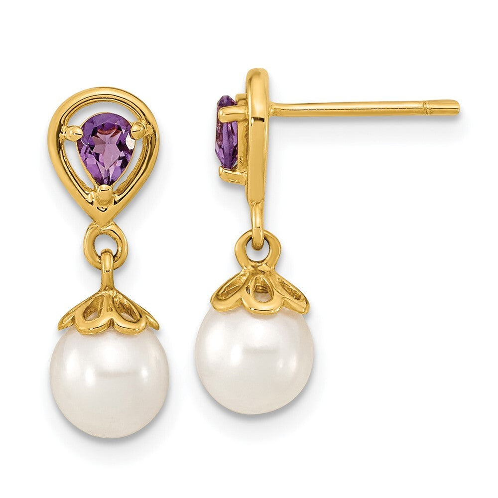 14k Yellow Gold 6-7mm White Round FWC Pearl Amethyst Dangle Earrings