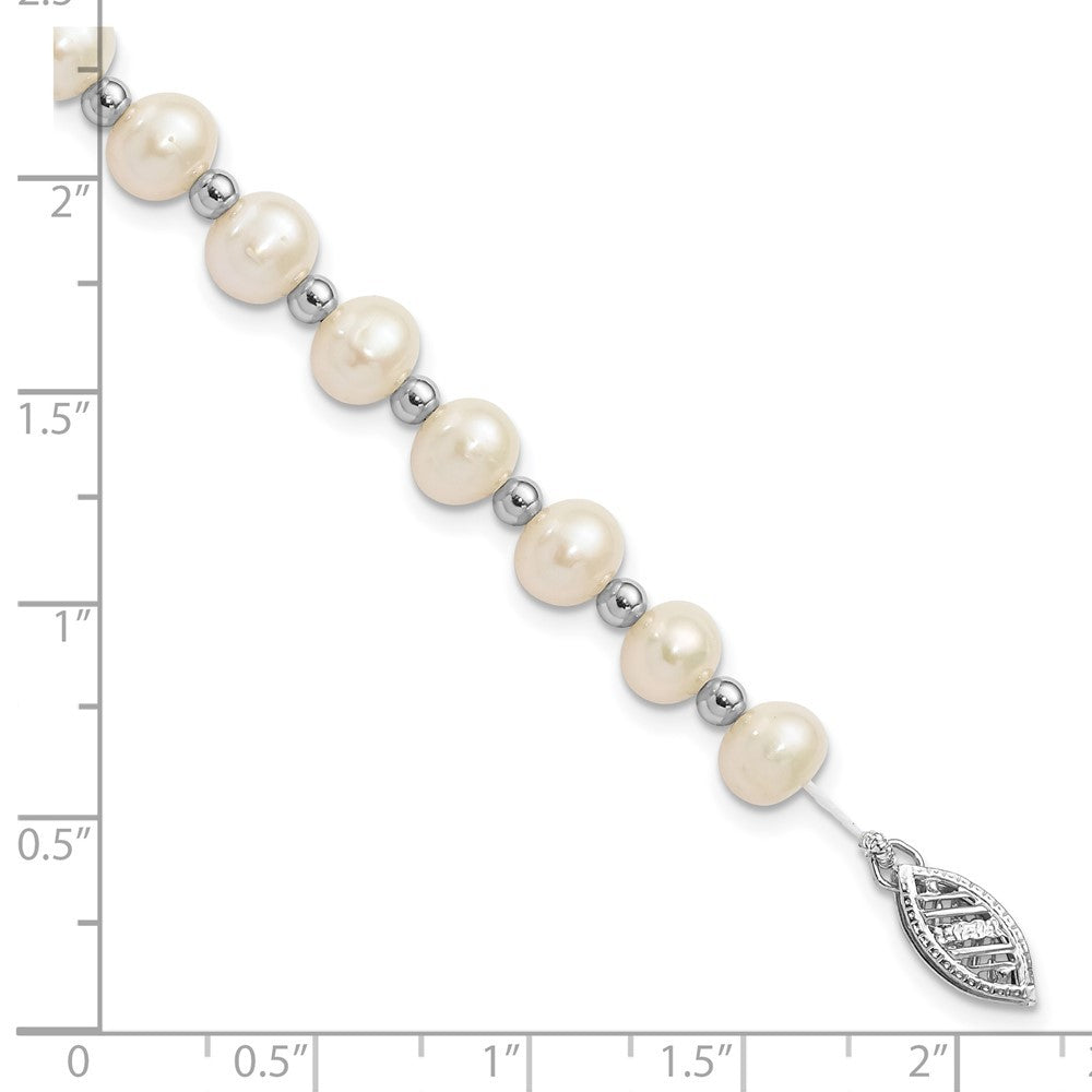 14k White Gold 6mm White Near-Round Freshwater Cultured Pearl Beaded 7" Bracelet