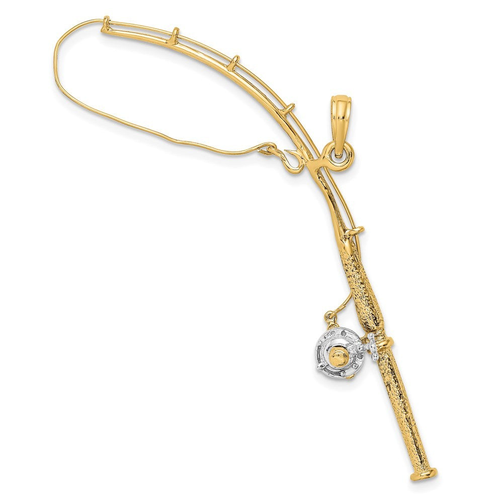 14k Yellow Gold w Rhodium 3-D Moveable Fishing Pole W Reel Charm