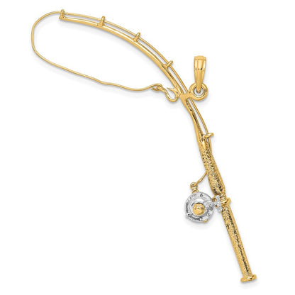 14k Yellow Gold w Rhodium 3-D Moveable Fishing Pole W Reel Charm
