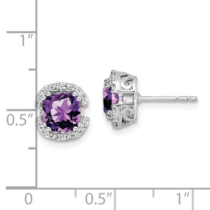 14k White Gold Cushion Amethyst and Diamond Halo Stud Earrings