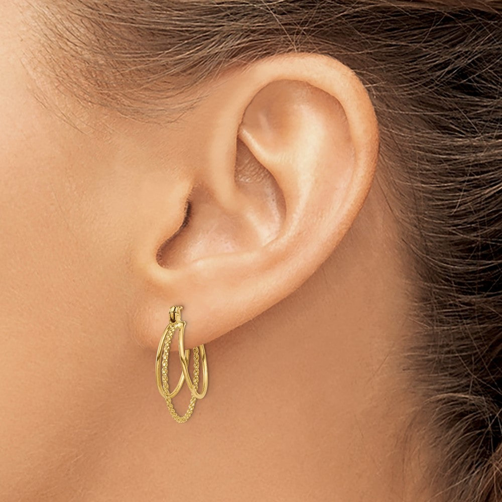 14k Yellow Gold Polished and Textured Circle Hoop Earrings