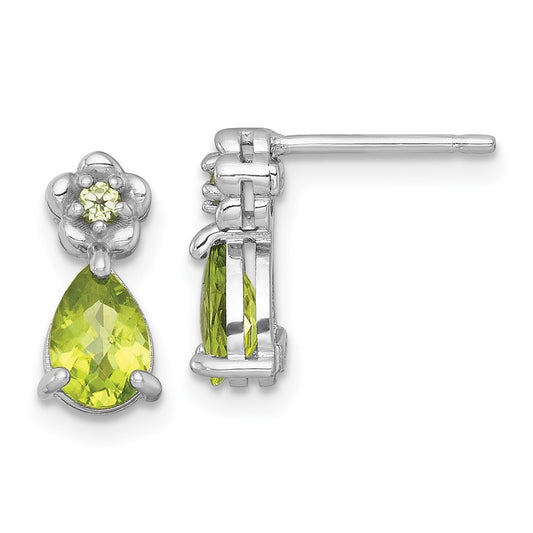 Sterling Silver Rhodium-plated Polished Peridot Teardrop and Flower Earrings