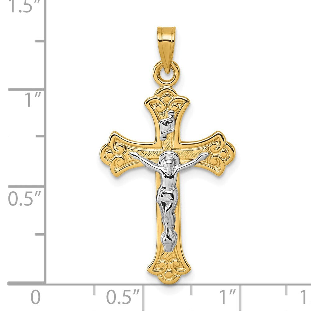 14k Yellow Gold White Rhodium Fleur de Lis INRI Crucifix Cross Pendant