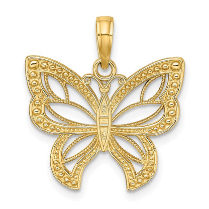 14k Yellow Gold Rhodium Butterfly  White Beaded Wings Charm Pendant