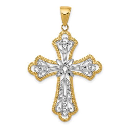 14k Yellow Gold Rhodium Diamond-cut Filigree Cut-out Cross Pendant