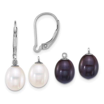 Sterling Silver Black & White Rice Cultured Pearl Earrings with Enhancers Set