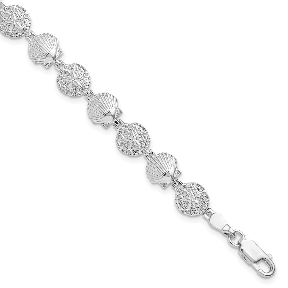 Sterling Silver Rhodium-plated Polished Sand Dollar and Shell 7.25 inch Bracelet