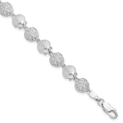 Sterling Silver Rhodium-plated Polished Sand Dollar and Shell 7.25 inch Bracelet