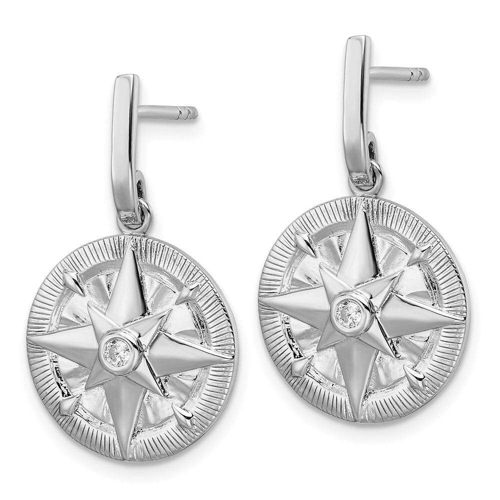 Sterling Silver Polished Cubic Zirconia Compass Dangle Post Earrings