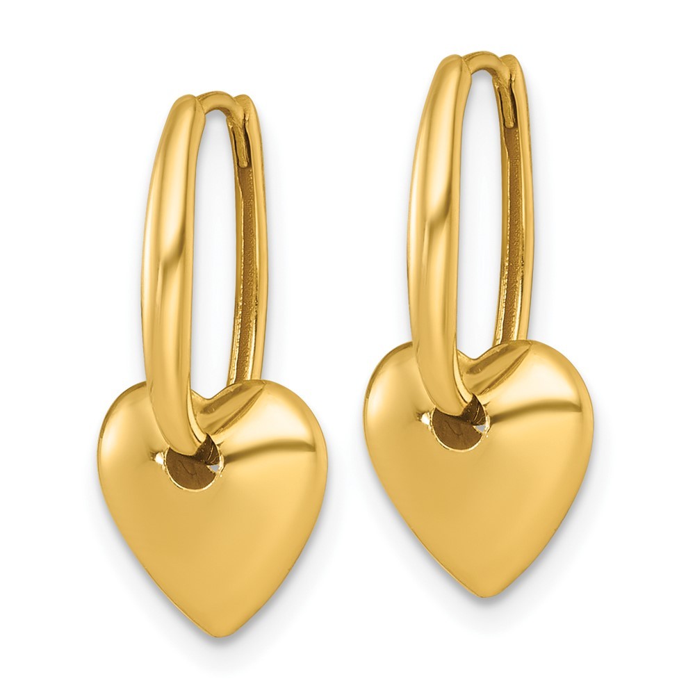 14k Yellow Gold Polished Dangle Puffed Heart Hinged Hoop Earrings