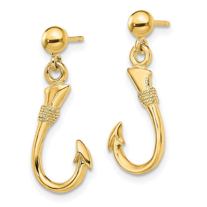 14k Yellow Gold 3-D Fish Hook Dangle Earrings Gift for Women