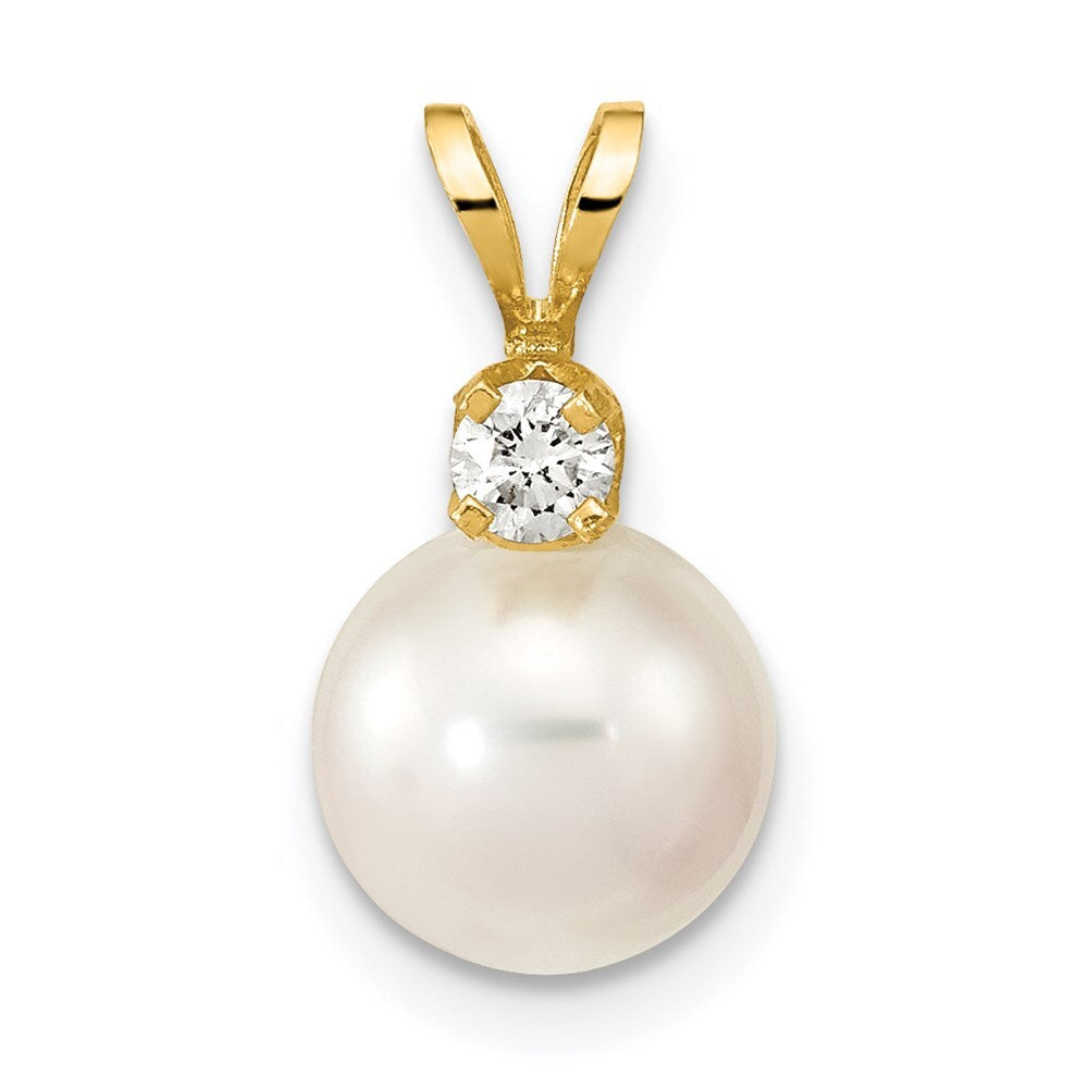 14k Yellow Gold 9mm White Akoya Saltwater Cultured Pearl 1/10ct Diamond Pendant
