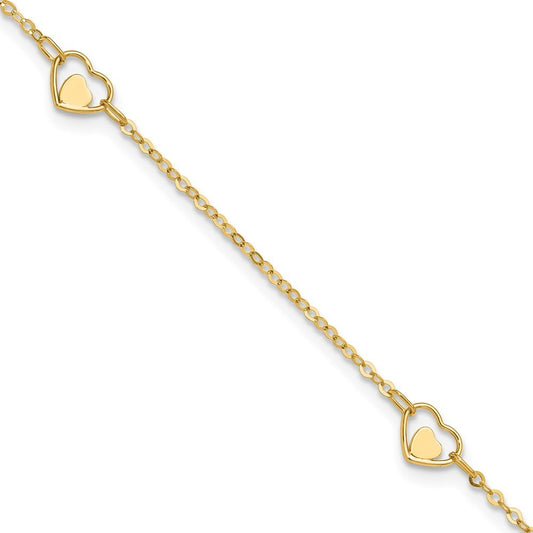 14k Yellow Gold Polished Heart-in-Heart Links 3-Station 10" Anklet