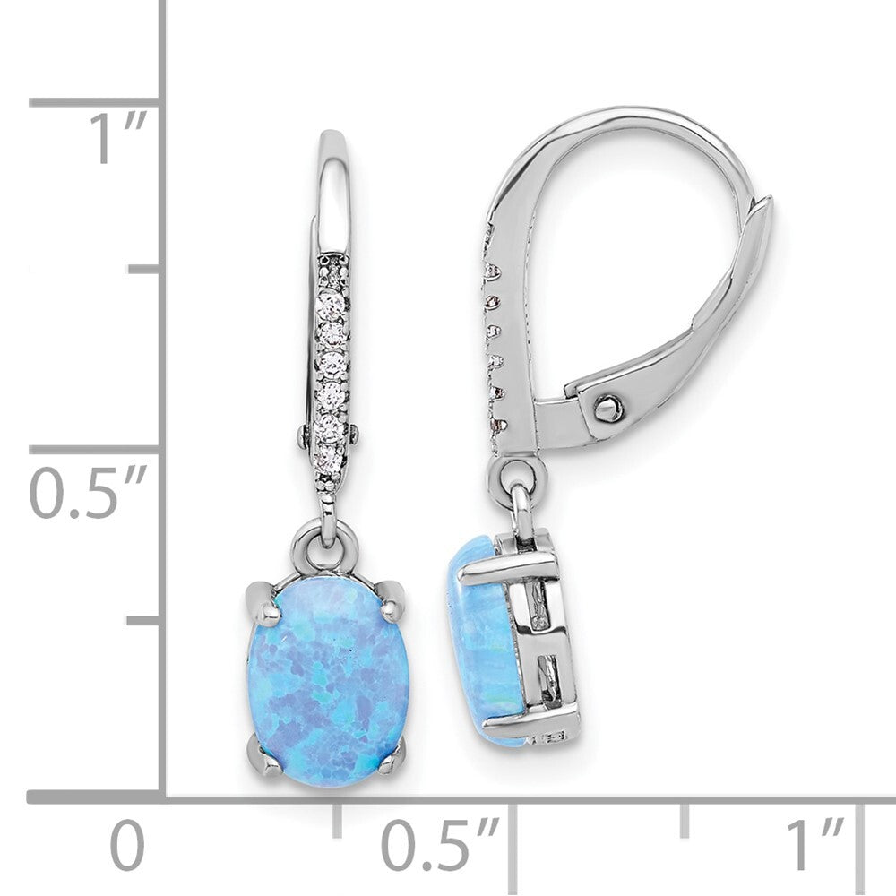 Sterling Silver Cubic Zirconia & Oval Blue Cr. Opal Leverback Dangle Earrings