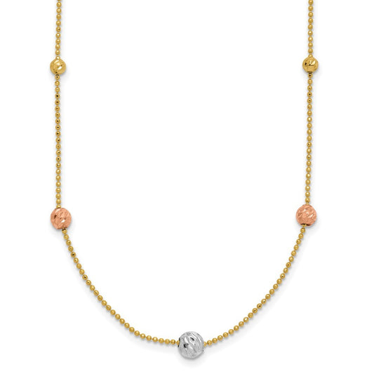 14K Tri-Color Diamond-cut Beads and Beaded Chain Necklace 18" Station Necklace