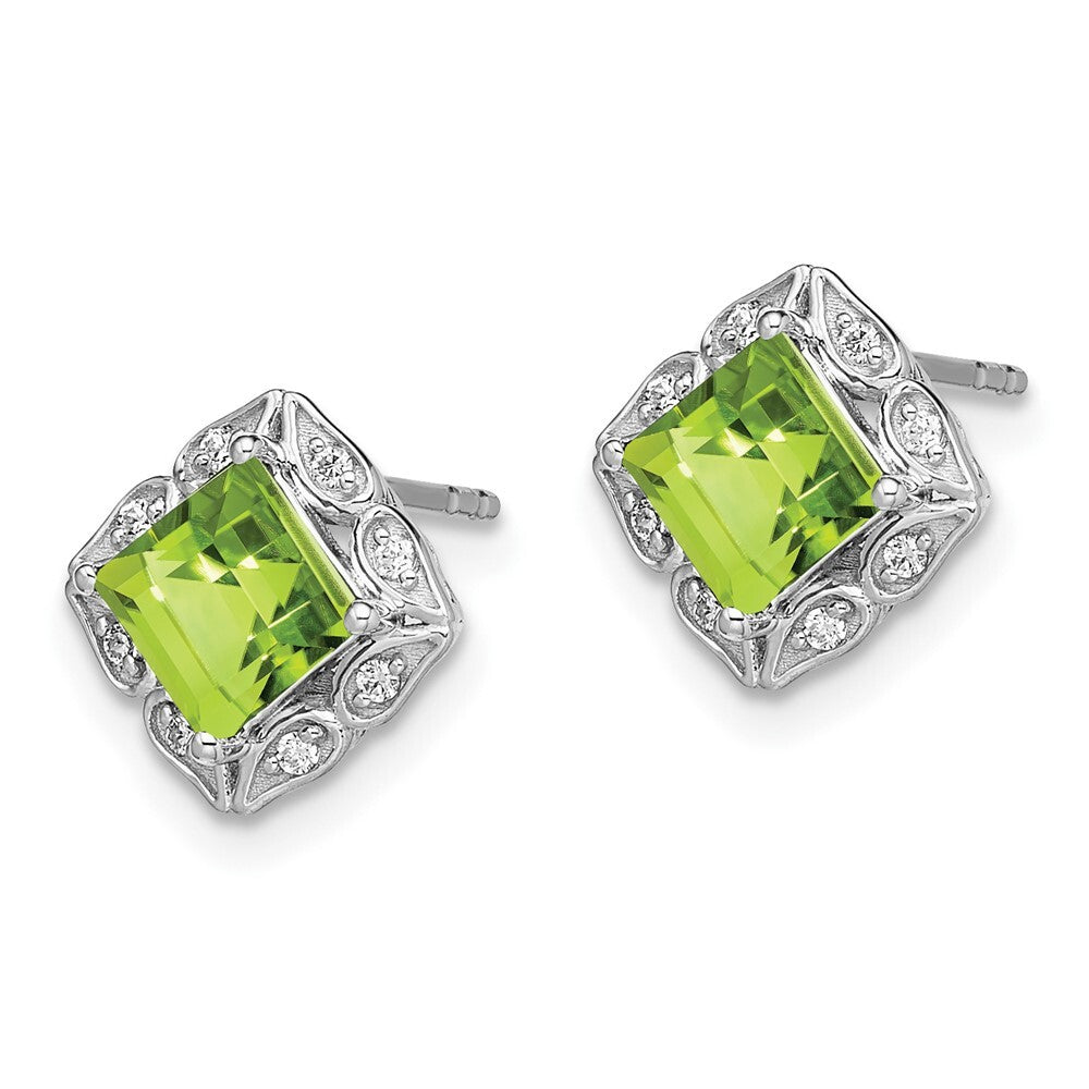 14k White Gold Square Peridot and Diamond Stud Earrings