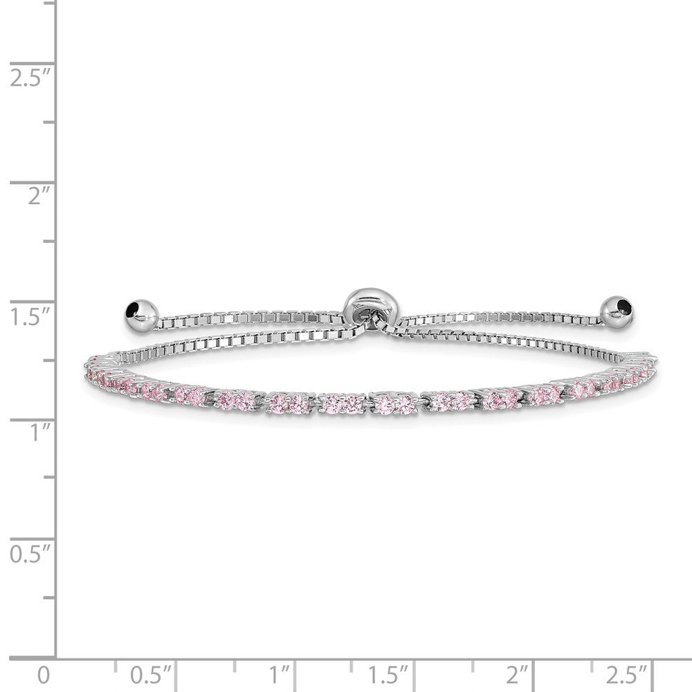 Sterling Silver Rhodium Plated October Pink CZ Adjustable Bracelet