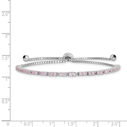 Sterling Silver Rhodium Plated October Pink CZ Adjustable Bracelet