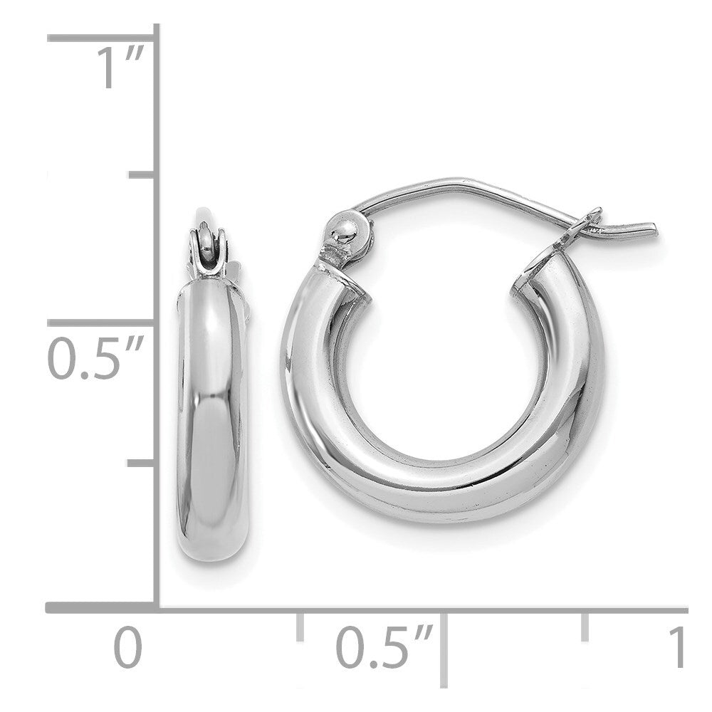 14K White Gold Polished 3mm Lightweight Tube Hoop Earrings Gift for Women