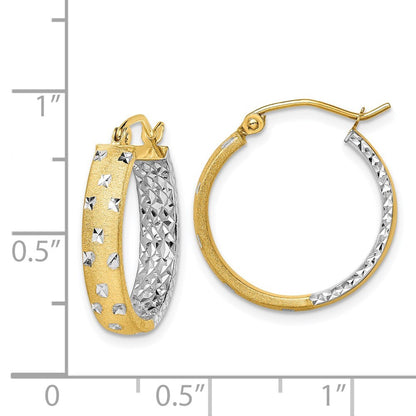14k Yellow Gold White Rhodium Satin Polished Diamond-cut In/Out Hoop Earrings