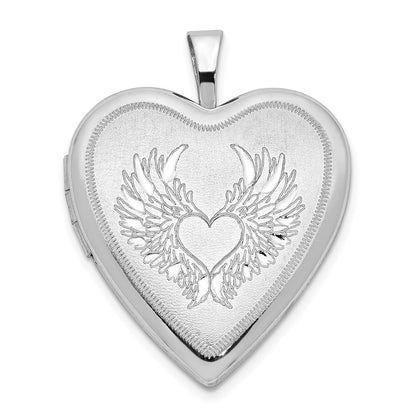 Sterling Silver Rhod-pltd 21mm Satin/Polished Heart Wings Heart Locket