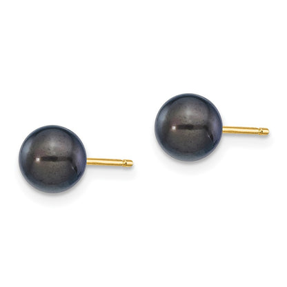 14k Yellow Gold 6-7mm Black Round Akoya Saltwater Cultured Pearl Post Earrings