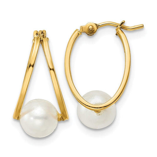 14k Yellow Gold Polished Freshwater Cultured Pearl Hoop Earrings Gift for Women