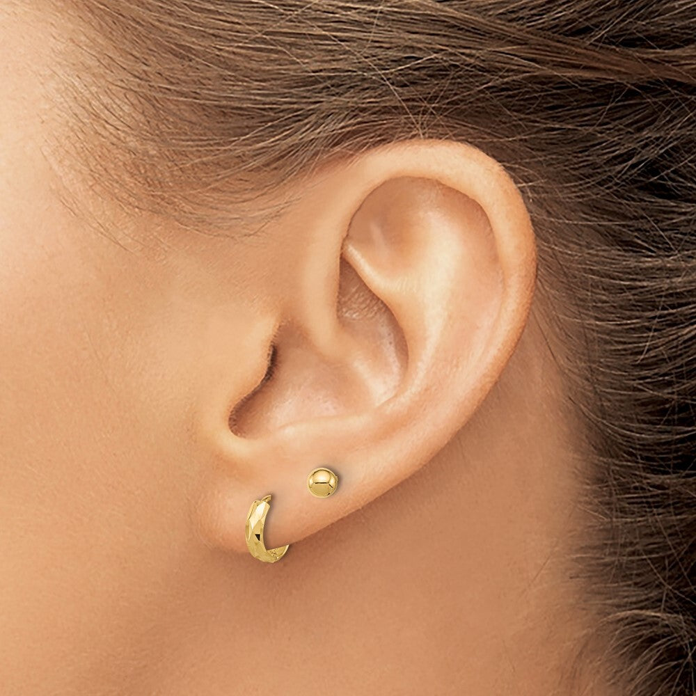 14k Yellow Gold Polished 4mm Ball and Diamond Cut Hoop Set Gift for Women