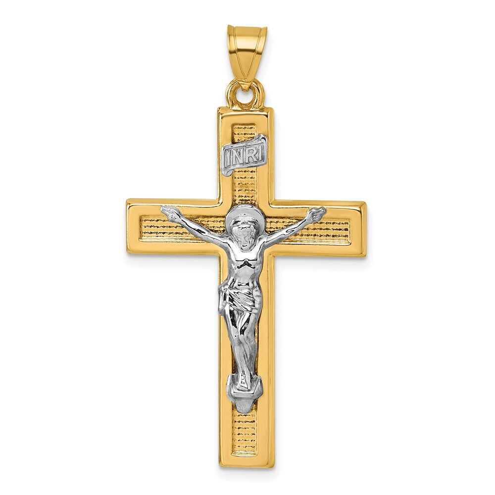 14k Yellow Gold with White Rhodium Polished INRI Crucifix Cross Pendant
