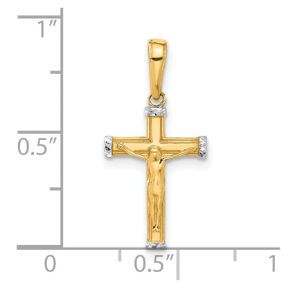 14k Yellow Gold and White Rhodium Diamond-Cut Crucifix Cross Pendant for Women