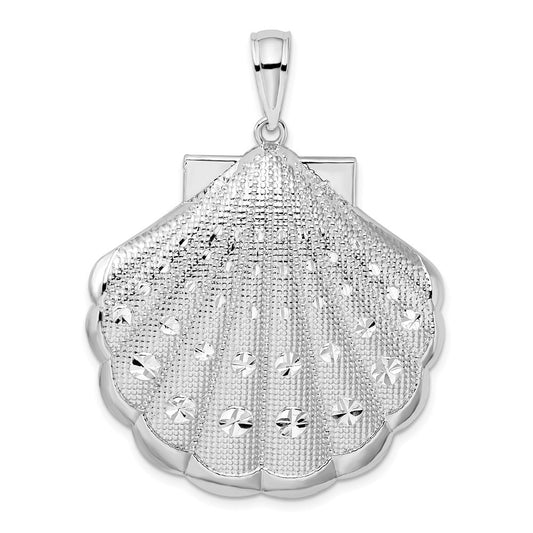 Sterling Silver Rhodium-Plated Diamond-Cut Large Scallop Shell Pendant