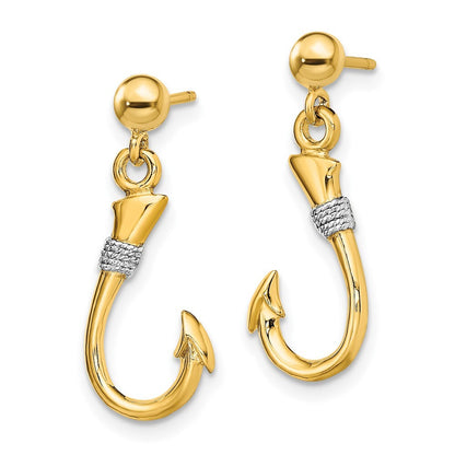 14k Yellow Gold Rhodium 3-D Fish Hook Rope Dangle Earrings Gift for Women