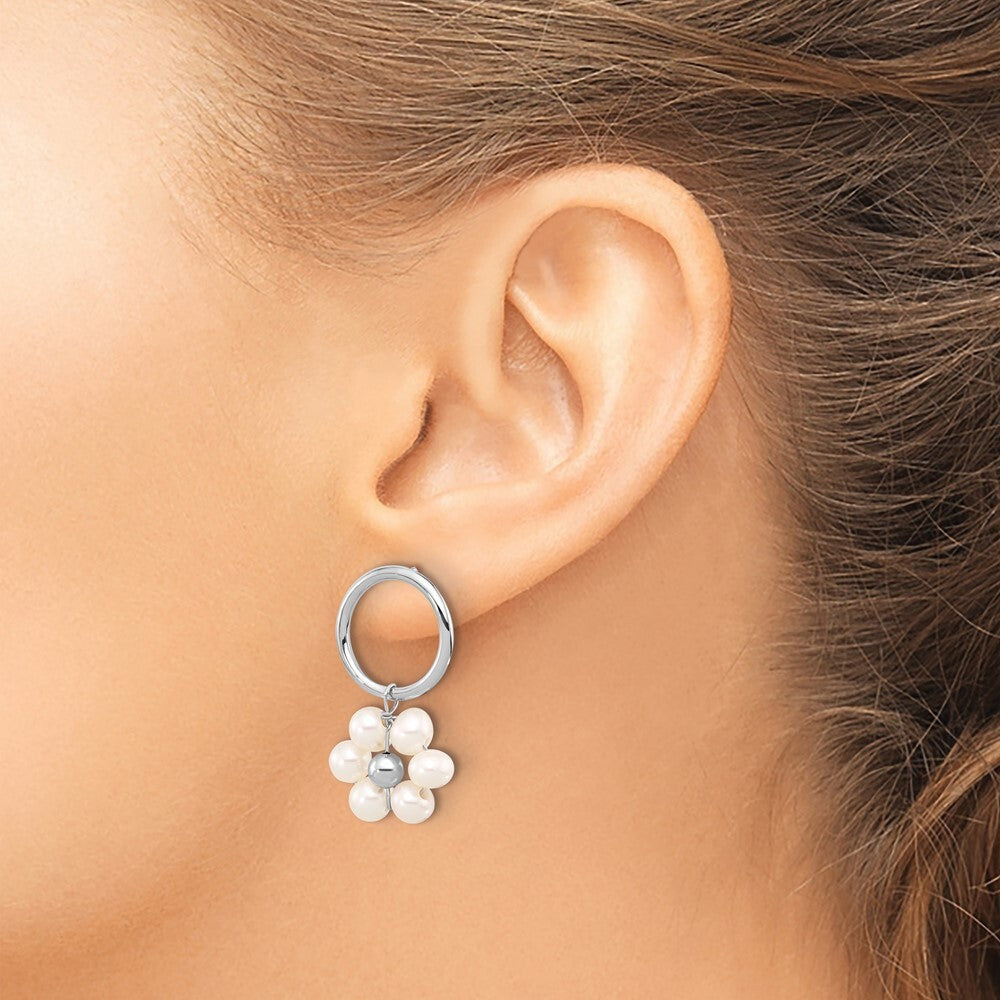 Sterling Silver 4-5mm White Semi-Round Cultured Pearl Flower Dangle Earrings